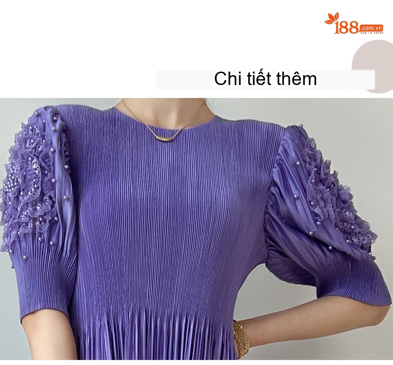 Váy Xòe Nữ Dập Ly Tay Lỡ Đính Hạt Cổ Tròn Thắt Eo Màu Đen, Tím, Vàng, Xanh... chi tiết 5