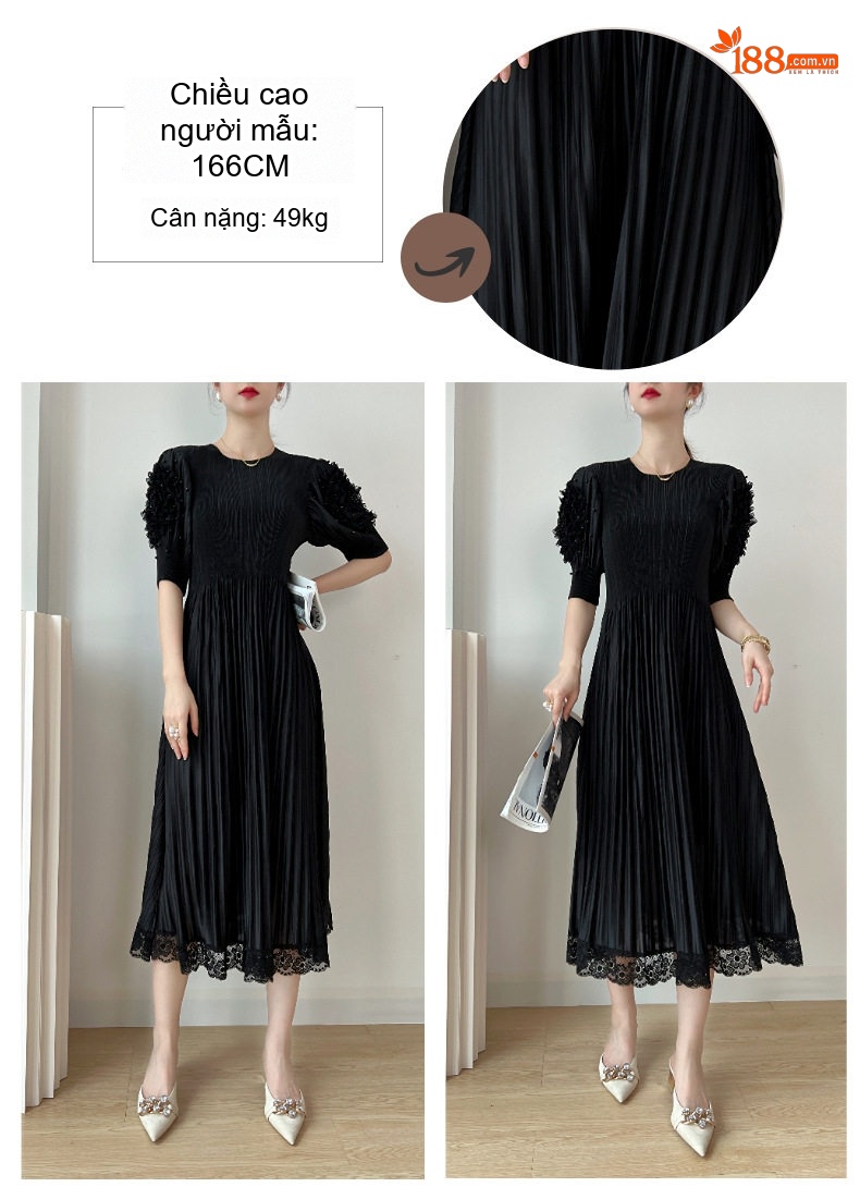 Váy Xòe Nữ Dập Ly Tay Lỡ Đính Hạt Cổ Tròn Thắt Eo Màu Đen, Tím, Vàng, Xanh... chi tiết 8