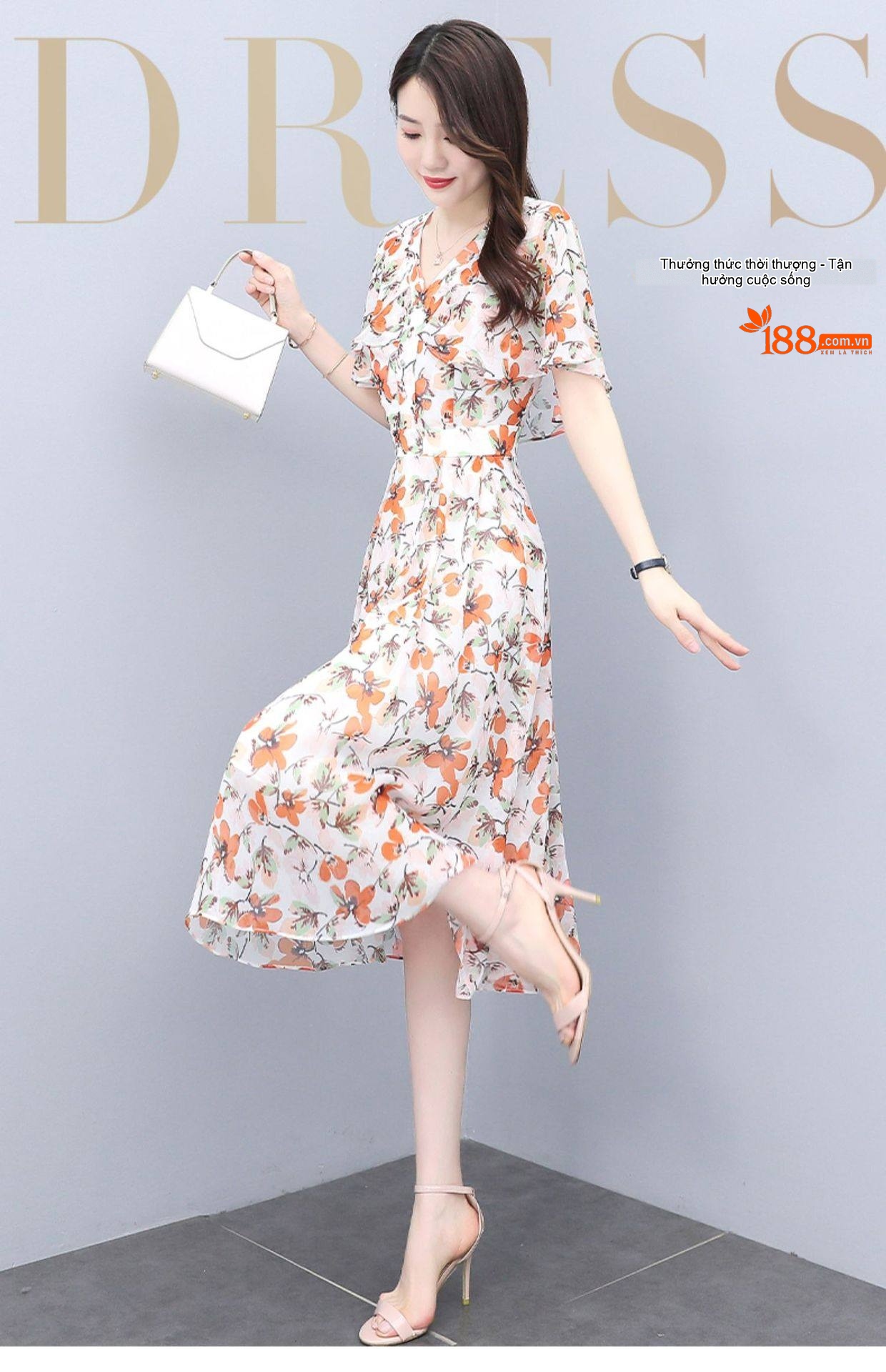 Váy Xòe Nữ Họa Tiết Hoa Nhí Tay Ngắn Chất Liệu Voan Phong Cách Pháp Thướt Tha chi tiết 2