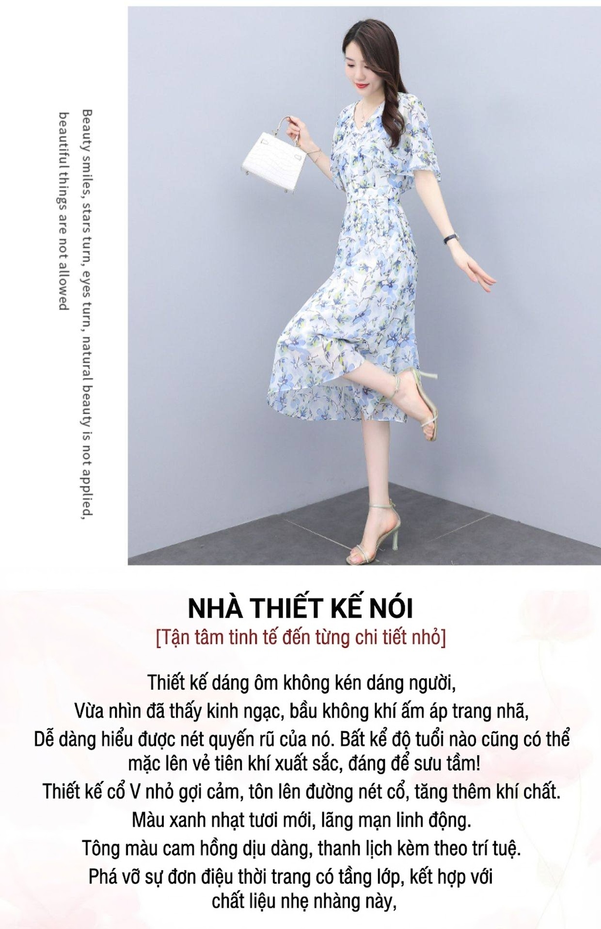 Váy Xòe Nữ Họa Tiết Hoa Nhí Tay Ngắn Chất Liệu Voan Phong Cách Pháp Thướt Tha chi tiết 3