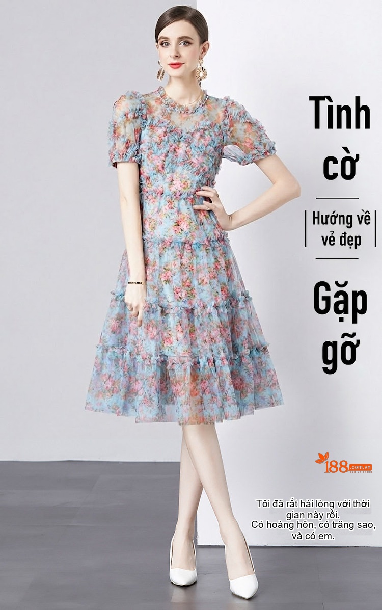 Váy Xòe Nữ Mùa Hè Lưới Dập Nổi In Hoa Cúc Đá Trang Trí Màu Xanh Bạc Hà chi tiết 1