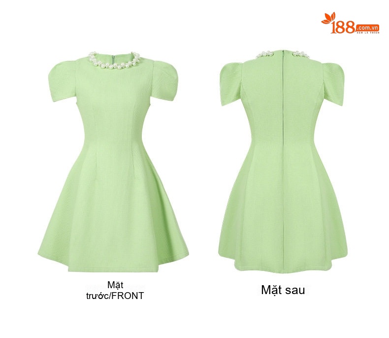 Váy Xòe Nữ Tay Bồng Cổ Tròn Đính Ngọc Trai Màu Xanh Bạc Hà chi tiết 4