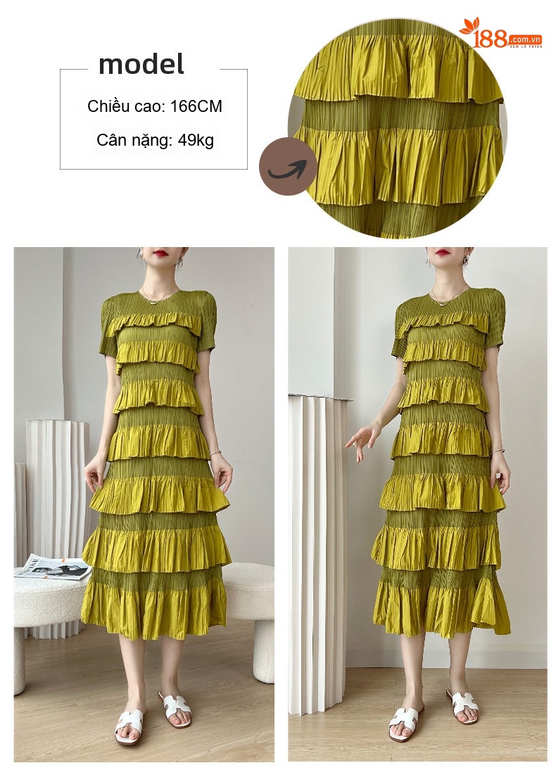 Váy Xòe Nữ Thiết Kế Nếp Gấp Bánh Kem Xếp Tầng Trẻ Trung Màu Xanh Olive, Hồng, Đen, Tím chi tiết 8