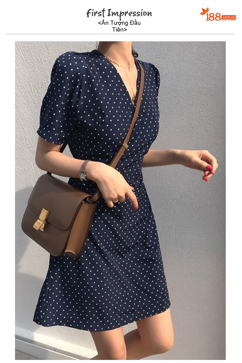 Váy Xòe Nữ V Cổ Tay Ngắn Eo Thun Họa Tiết Chấm Bi Phong Cách Pháp Màu Xanh Navy chi tiết 1