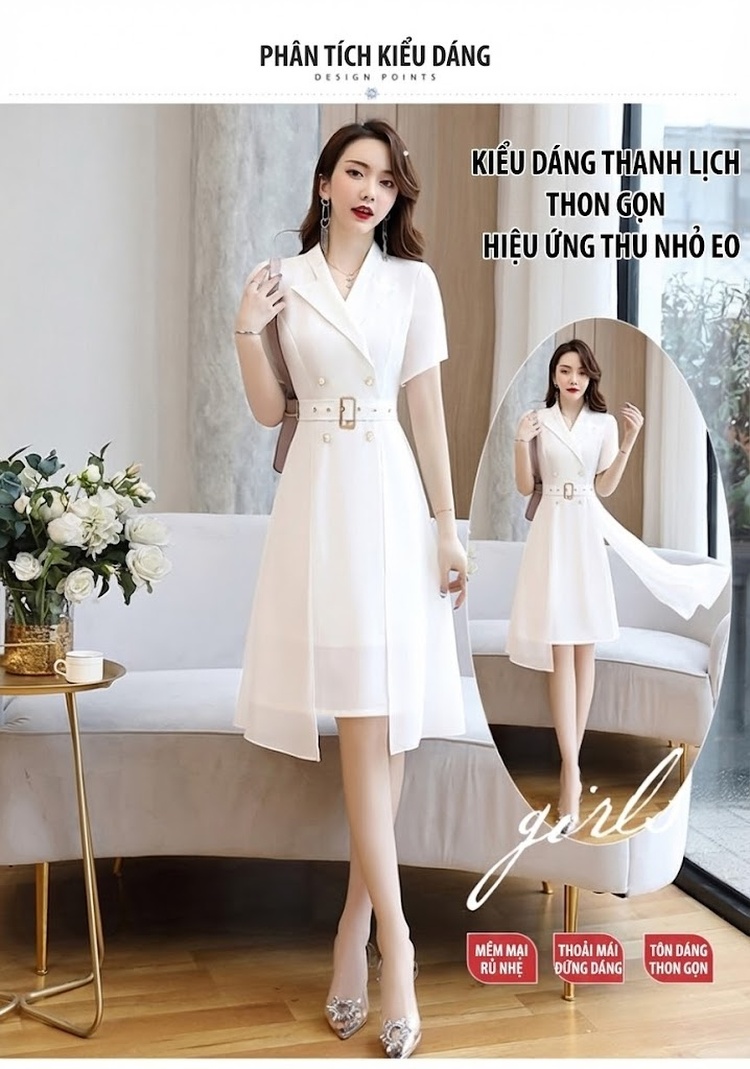 Váy Xòe Nữ Voan Tay Ngắn Thắt Eo Phong Cách Pháp Màu Hồng, Trắng, Đen, Xanh... chi tiết 3