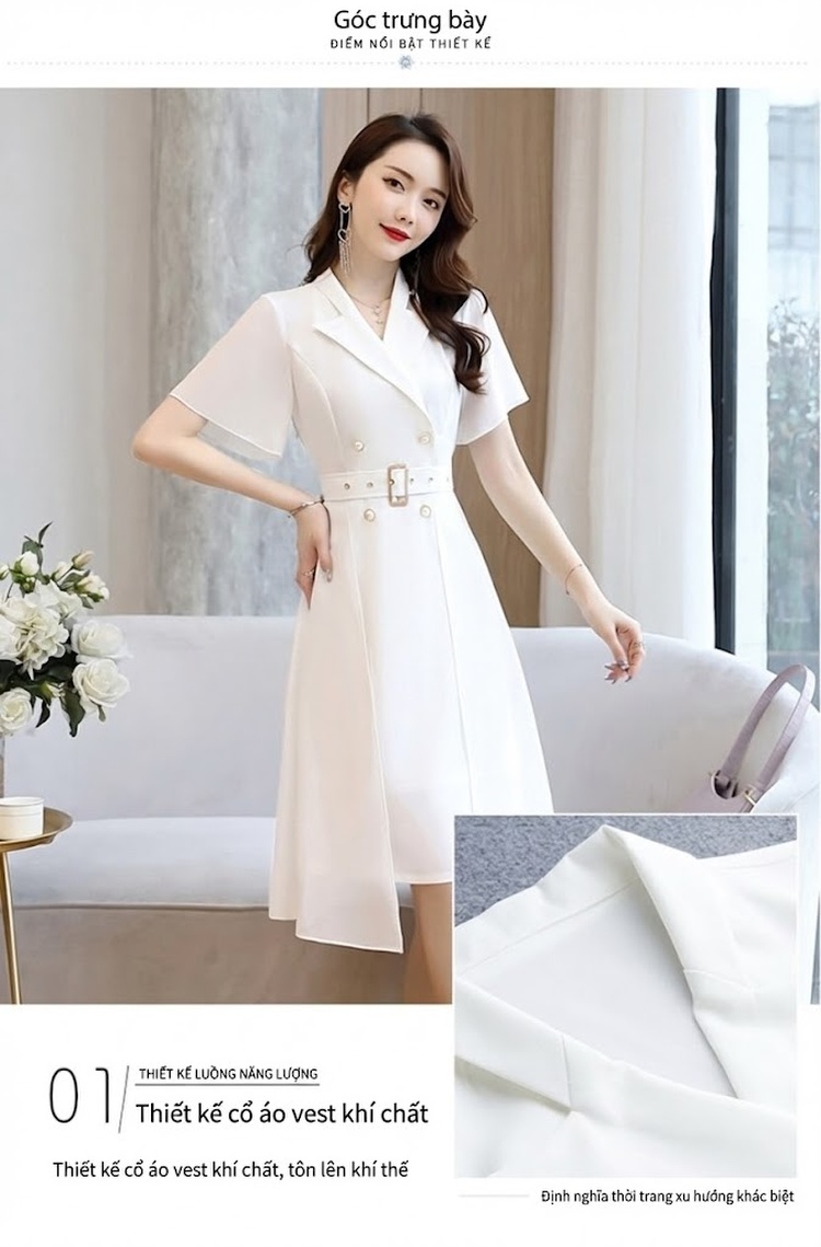 Váy Xòe Nữ Voan Tay Ngắn Thắt Eo Phong Cách Pháp Màu Hồng, Trắng, Đen, Xanh... chi tiết 5