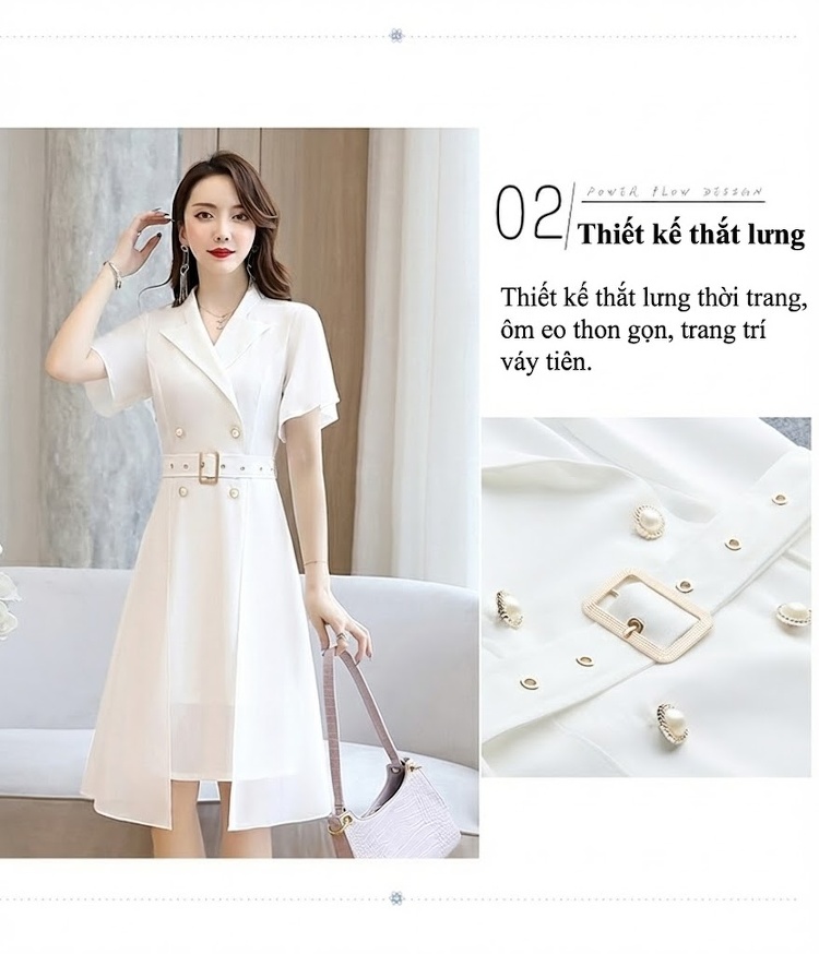 Váy Xòe Nữ Voan Tay Ngắn Thắt Eo Phong Cách Pháp Màu Hồng, Trắng, Đen, Xanh... chi tiết 6