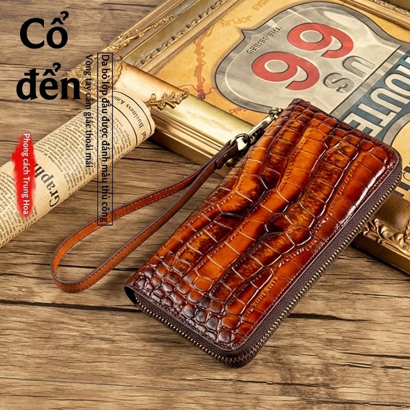 Ví Cầm Tay Dài Da Bò Dung Tích Lớn Khóa Kéo Phong Cách Retro Màu Nâu, Xanh Dương, Đỏ, Vàng...