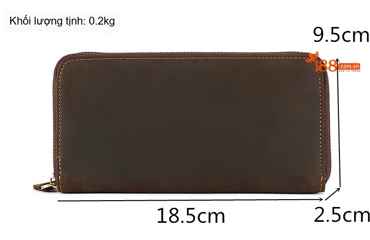 Ví Cầm Tay Dài Nam/Nữ Da Bò Mad Dog Khóa Kéo Phong Cách Business Màu Nâu, Nâu Đậm chi tiết 8
