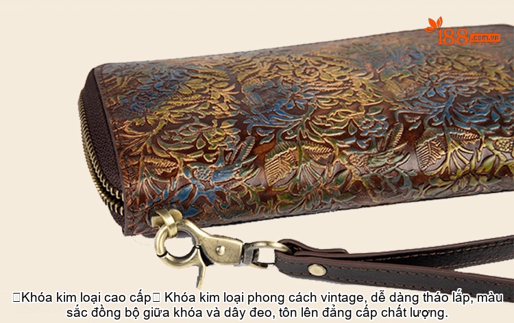 Ví Cầm Tay Dài Nữ Da Bò Khắc Hoa Văn Phong Cách Cổ Điển Nhiều Ngăn Màu Nâu chi tiết 18