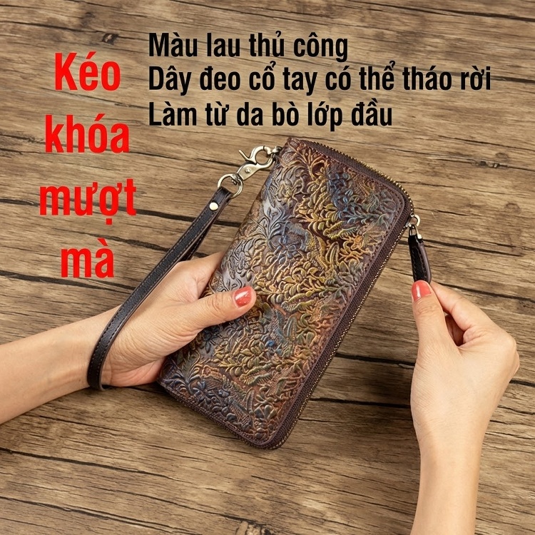 Ví Cầm Tay Dài Nữ Da Bò Khắc Hoa Văn Phong Cách Cổ Điển Nhiều Ngăn Màu Nâu chi tiết 4