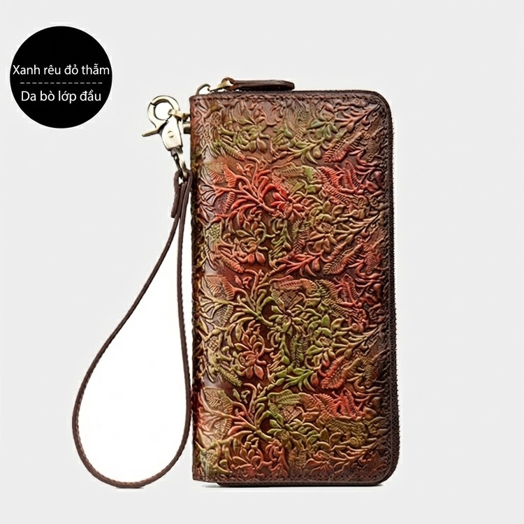 Ví Cầm Tay Dài Nữ Da Bò Khắc Hoa Văn Phong Cách Cổ Điển Nhiều Ngăn Màu Nâu chi tiết 10