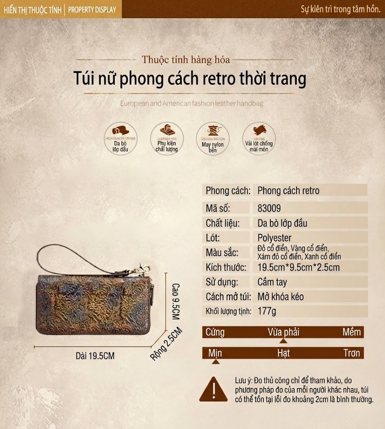 Ví Cầm Tay Dài Nữ Da Bò Khắc Hoa Văn Phong Cách Cổ Điển Nhiều Ngăn Màu Nâu chi tiết 15