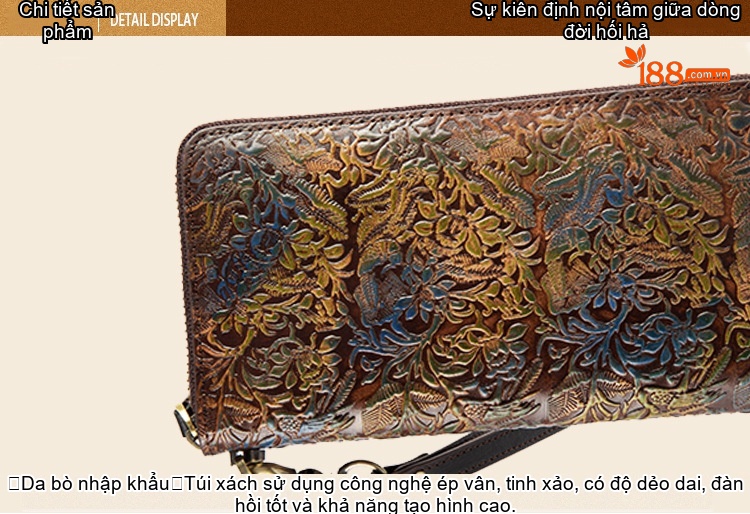 Ví Cầm Tay Dài Nữ Da Bò Khắc Hoa Văn Phong Cách Cổ Điển Nhiều Ngăn Màu Nâu chi tiết 16