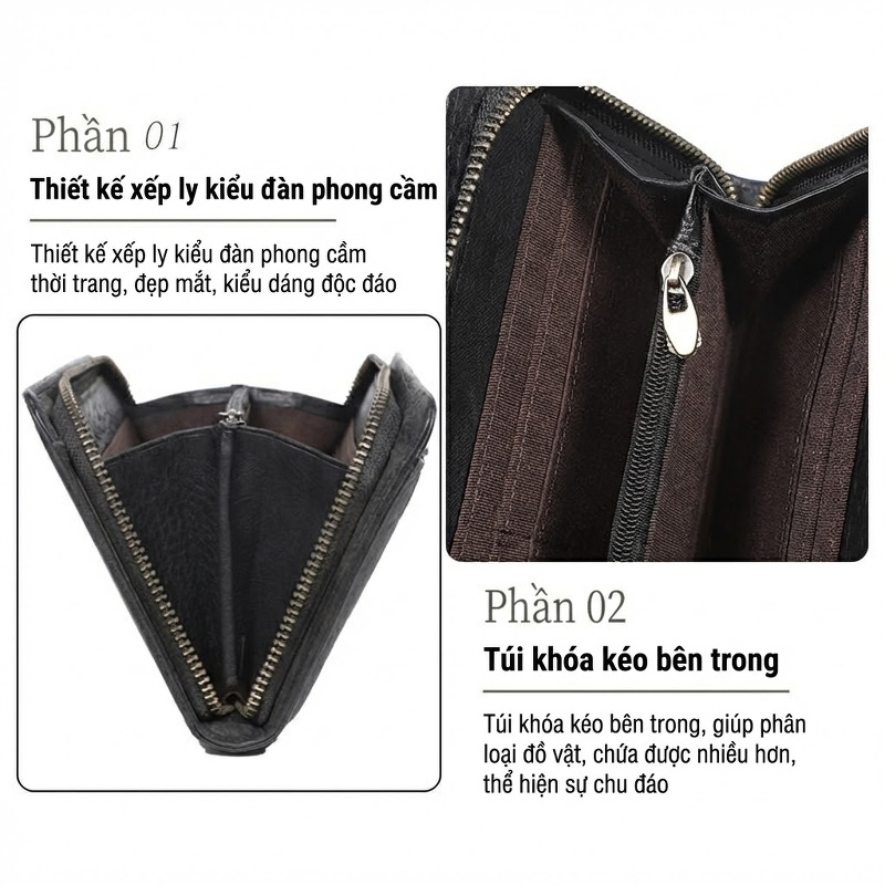 Ví Cầm Tay Dáng Dài Da Mờ Khóa Kéo Phong Cách Business Nhiều Ngăn Màu Đen
