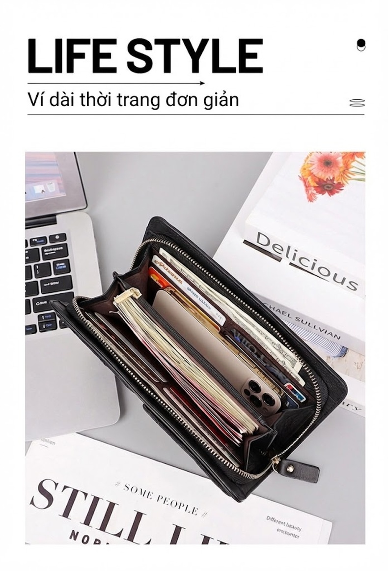 Ví Cầm Tay Dáng Dài Da Mờ Khóa Kéo Phong Cách Business Nhiều Ngăn Màu Đen chi tiết 1