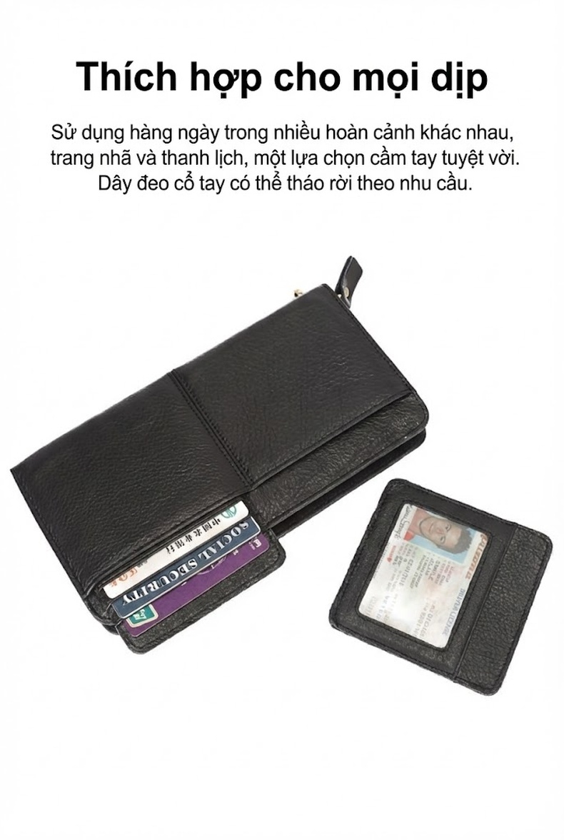 Ví Cầm Tay Dáng Dài Da Mờ Khóa Kéo Phong Cách Business Nhiều Ngăn Màu Đen chi tiết 5