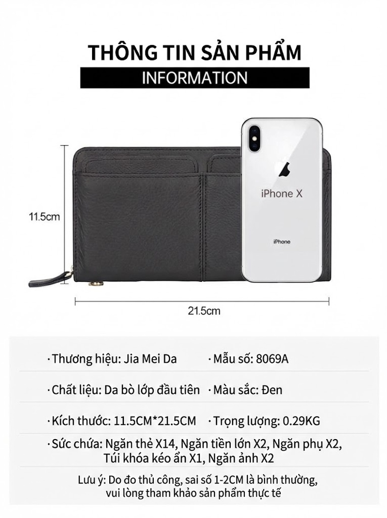 Ví Cầm Tay Dáng Dài Da Mờ Khóa Kéo Phong Cách Business Nhiều Ngăn Màu Đen chi tiết 7