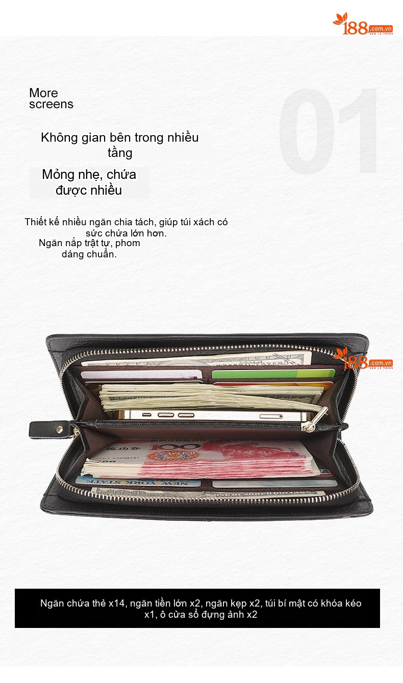 Ví Cầm Tay Dáng Dài Da Mờ Khóa Kéo Phong Cách Business Nhiều Ngăn Màu Đen chi tiết 3