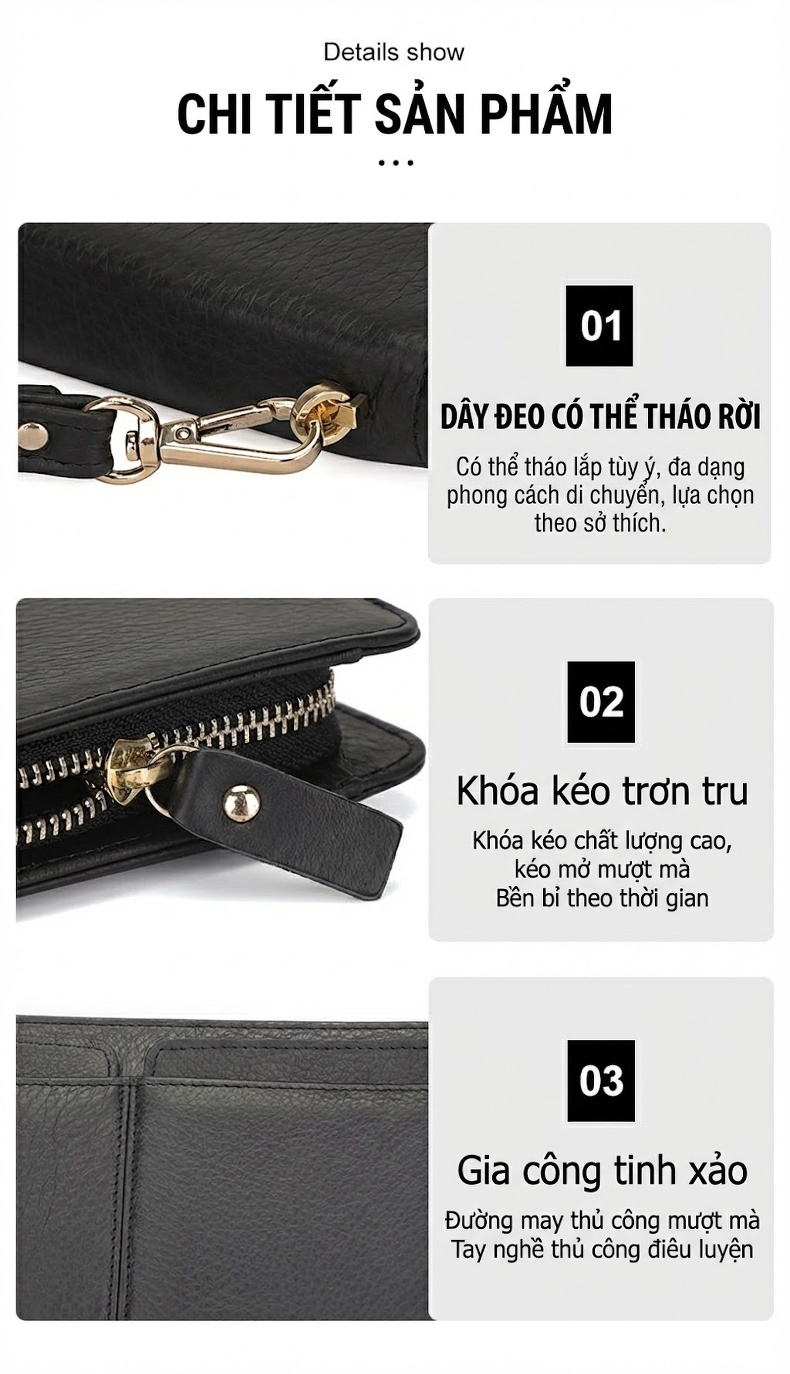 Ví Cầm Tay Dáng Dài Da Mờ Khóa Kéo Phong Cách Business Nhiều Ngăn Màu Đen chi tiết 6