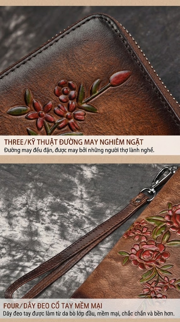 Ví Cầm Tay Dáng Dài Nữ Da Thật Da Bò Khắc Hoa Văn Cổ Điển Màu Đen, Đỏ, Nâu chi tiết 13