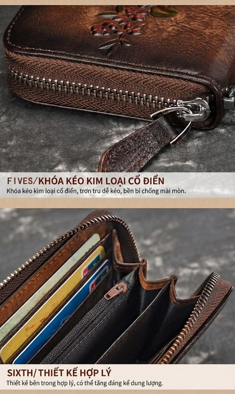 Ví Cầm Tay Dáng Dài Nữ Da Thật Da Bò Khắc Hoa Văn Cổ Điển Màu Đen, Đỏ, Nâu chi tiết 14