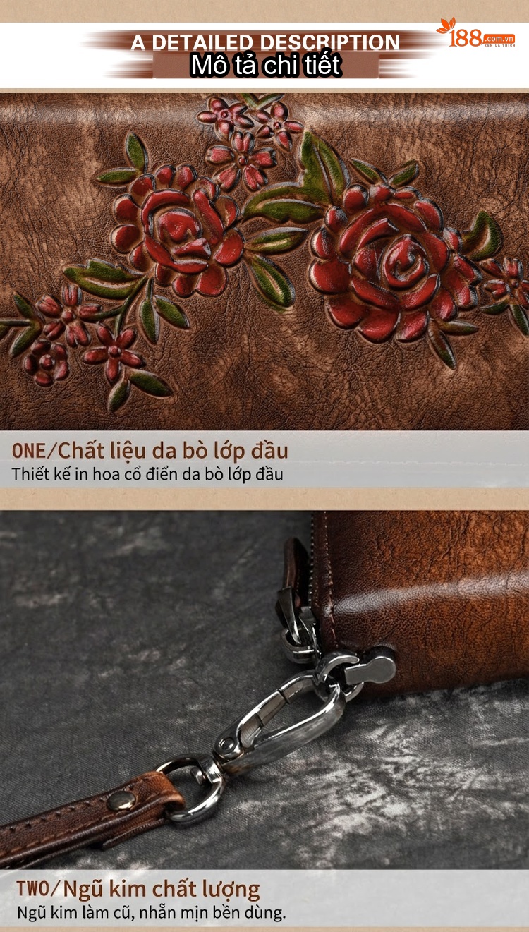 Ví Cầm Tay Dáng Dài Nữ Da Thật Da Bò Khắc Hoa Văn Cổ Điển Màu Đen, Đỏ, Nâu chi tiết 12