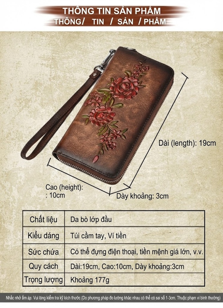 Ví Cầm Tay Dáng Dài Nữ Da Thật Da Bò Khắc Hoa Văn Cổ Điển Màu Đen, Đỏ, Nâu chi tiết 2