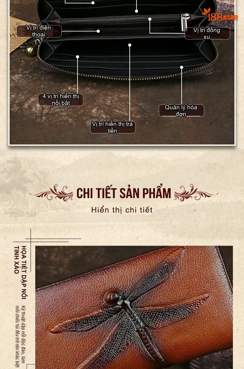 Ví Cầm Tay Dáng Dài Nữ Da Thật Khóa Kéo Hình Chuồn Chuồn Phong Cách Retro Màu Nâu chi tiết 6