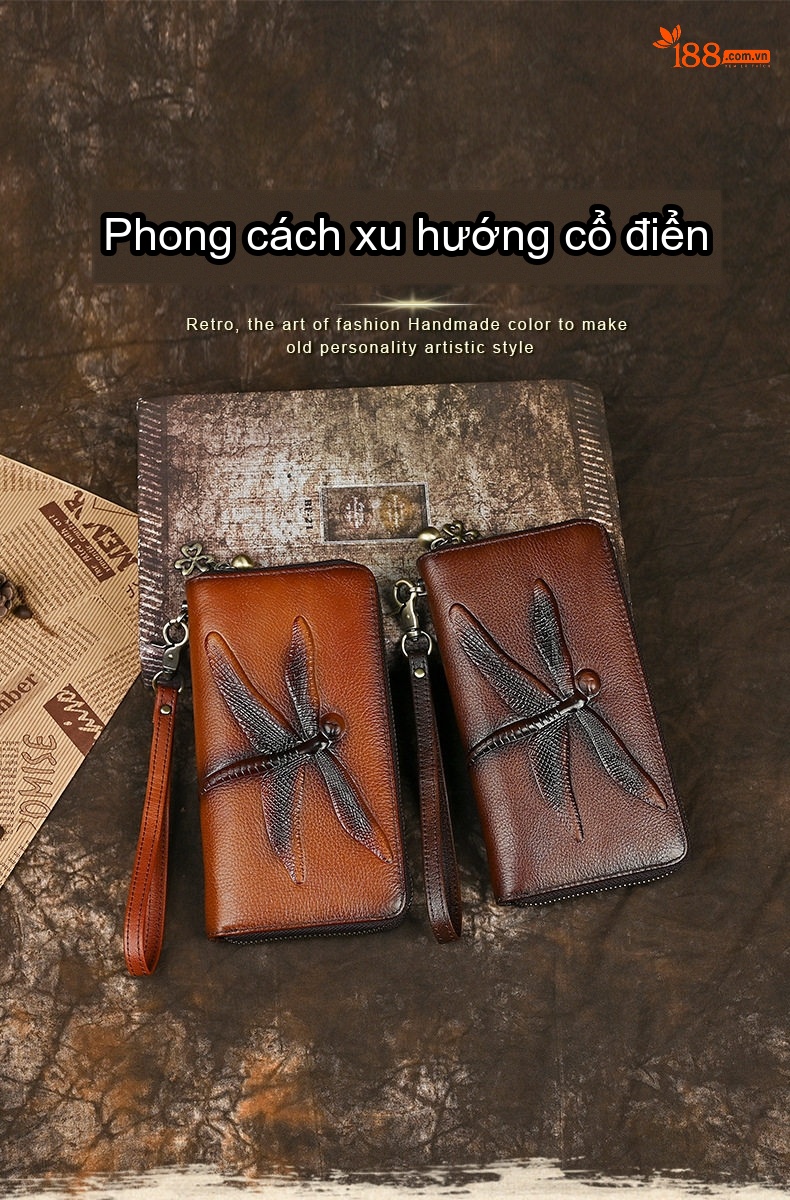 Ví Cầm Tay Dáng Dài Nữ Da Thật Khóa Kéo Hình Chuồn Chuồn Phong Cách Retro Màu Nâu chi tiết 1