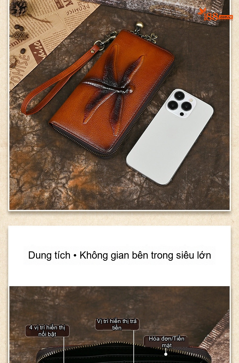 Ví Cầm Tay Dáng Dài Nữ Da Thật Khóa Kéo Hình Chuồn Chuồn Phong Cách Retro Màu Nâu chi tiết 5