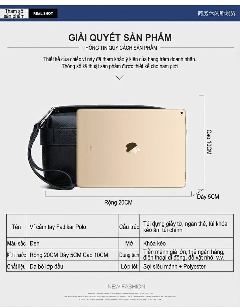 Ví Cầm Tay Nam Da Bò Công Sở, Đựng Tiền, Điện Thoại, Dung Tích Lớn Màu Đen chi tiết 7