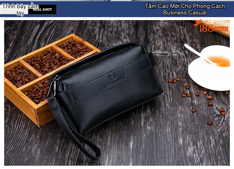 Ví Cầm Tay Nam Da Bò Công Sở, Đựng Tiền, Điện Thoại, Dung Tích Lớn Màu Đen chi tiết 12