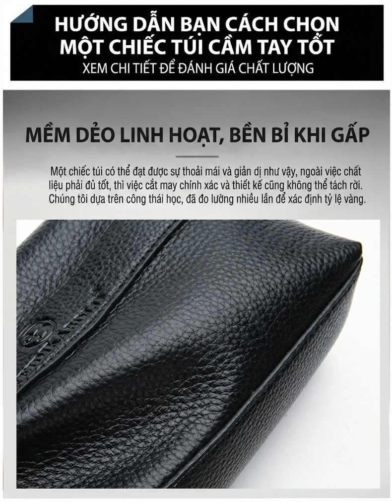 Ví Cầm Tay Nam Da Bò Công Sở, Đựng Tiền, Điện Thoại, Dung Tích Lớn Màu Đen chi tiết 2