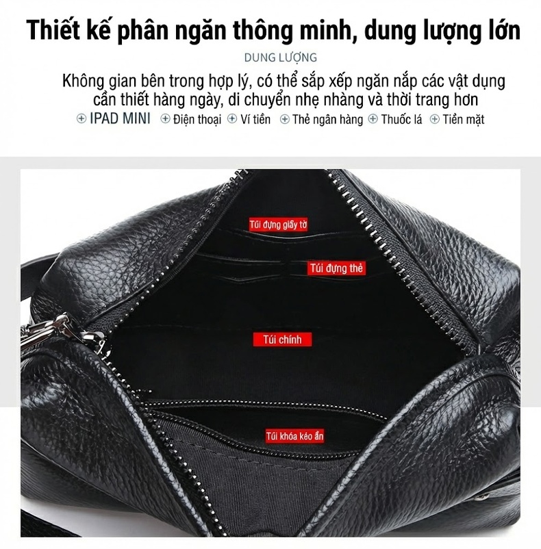 Ví Cầm Tay Nam Da Bò Công Sở, Đựng Tiền, Điện Thoại, Dung Tích Lớn Màu Đen chi tiết 4
