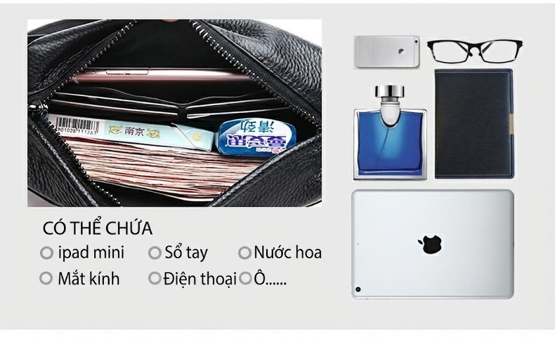 Ví Cầm Tay Nam Da Bò Công Sở, Đựng Tiền, Điện Thoại, Dung Tích Lớn Màu Đen chi tiết 5
