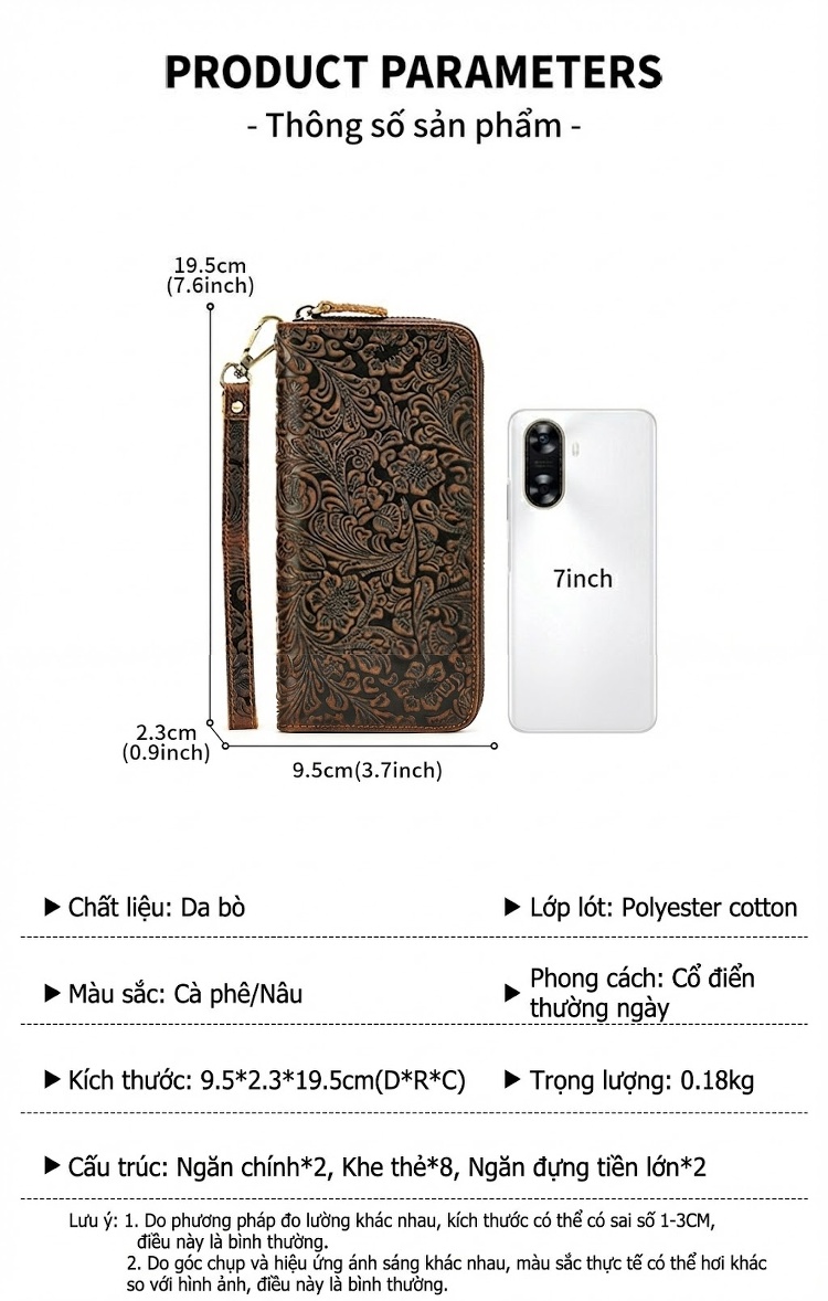 Ví Cầm Tay Nam Da Bò Dập Hoa Văn Thủ Công Cao Cấp Phong Cách Retro chi tiết 6