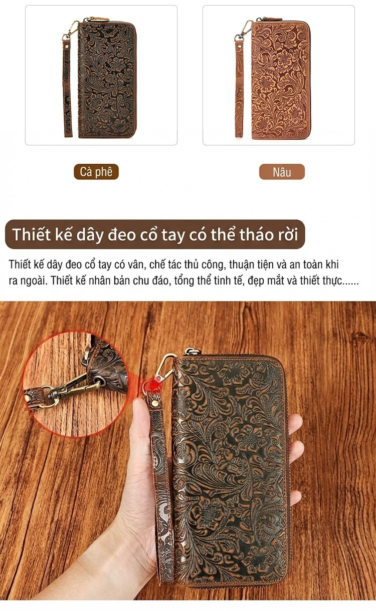 Ví Cầm Tay Nam Da Bò Dập Hoa Văn Thủ Công Cao Cấp Phong Cách Retro chi tiết 7