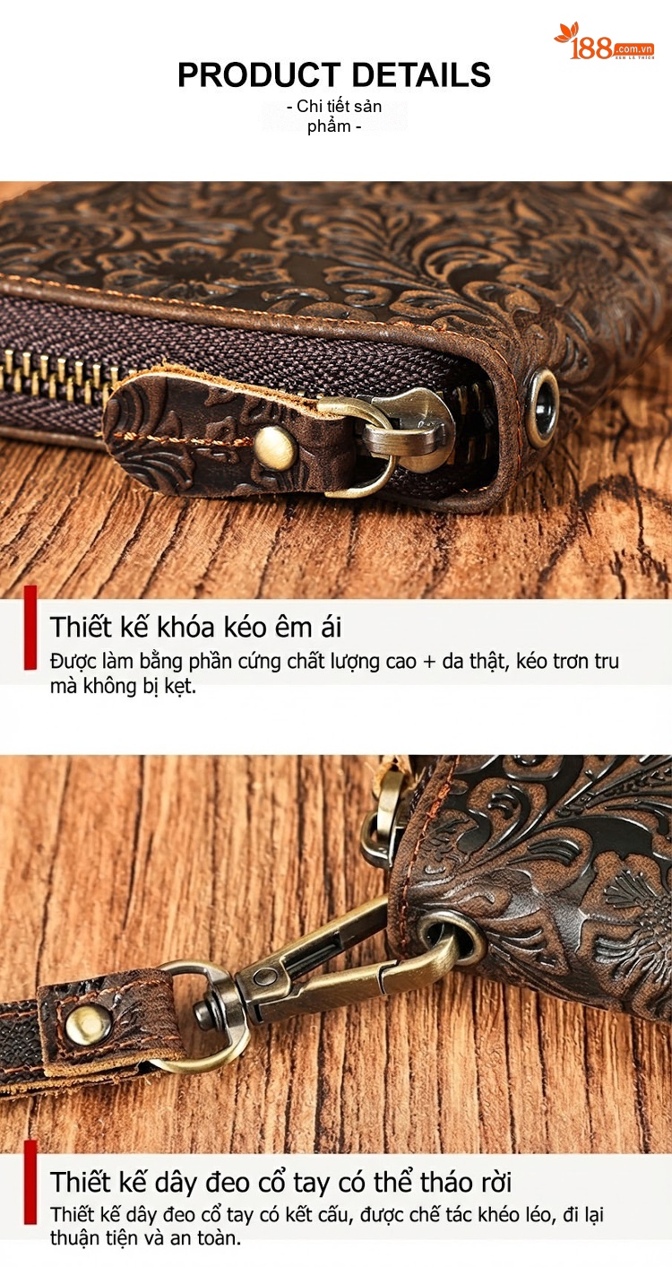 Ví Cầm Tay Nam Da Bò Dập Hoa Văn Thủ Công Cao Cấp Phong Cách Retro chi tiết 12