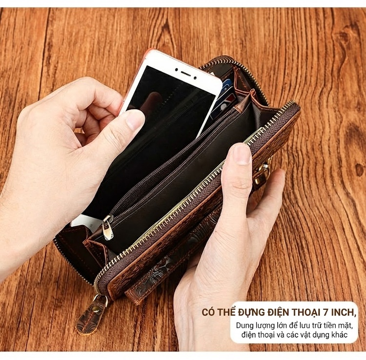Ví Cầm Tay Nam Da Bò Dập Hoa Văn Thủ Công Cao Cấp Phong Cách Retro chi tiết 3