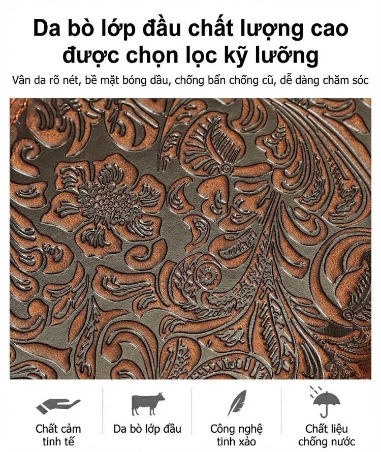 Ví Cầm Tay Nam Da Bò Dập Hoa Văn Thủ Công Cao Cấp Phong Cách Retro chi tiết 4