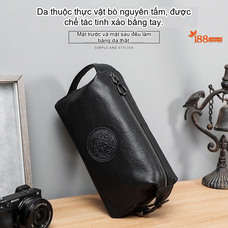 Ví Cầm Tay Nam Da Bò Dung Tích Lớn Kiểu Dáng Gối Màu Đen