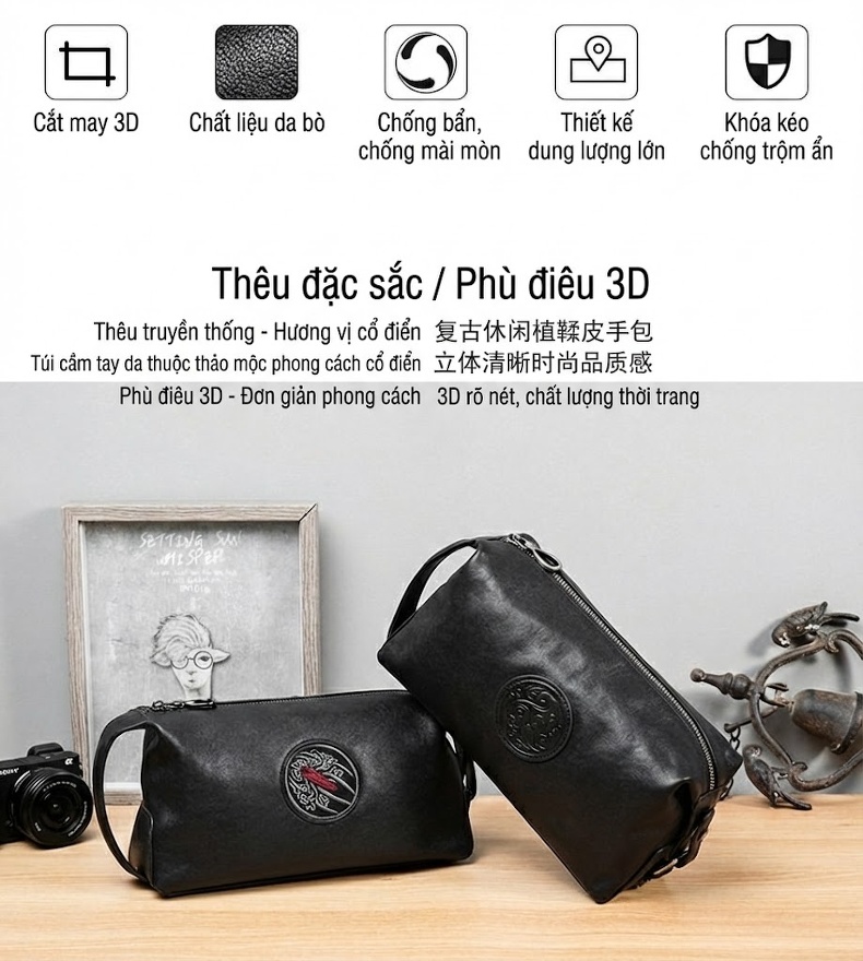 Ví Cầm Tay Nam Da Bò Dung Tích Lớn Kiểu Dáng Gối Màu Đen chi tiết 3