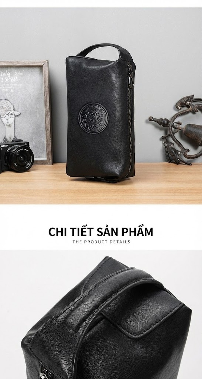 Ví Cầm Tay Nam Da Bò Dung Tích Lớn Kiểu Dáng Gối Màu Đen chi tiết 12