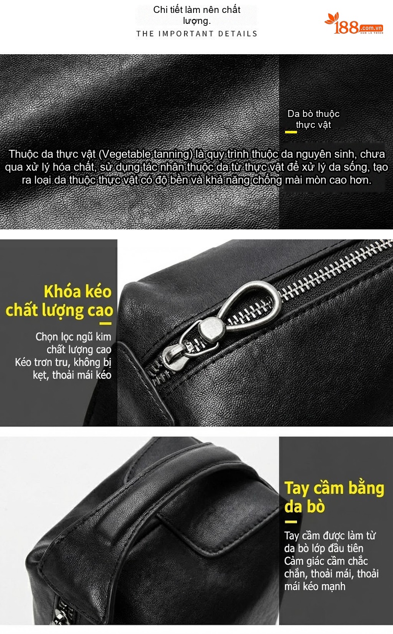 Ví Cầm Tay Nam Da Bò Dung Tích Lớn Kiểu Dáng Gối Màu Đen chi tiết 5