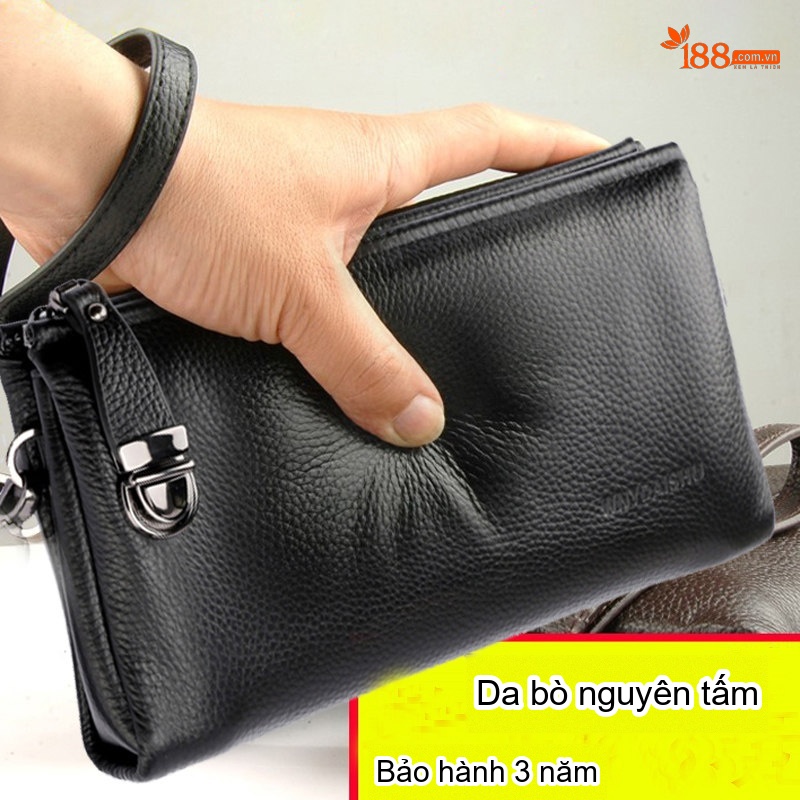 Ví Cầm Tay Nam Da Bò Dung Tích Lớn Phong Cách Doanh Nhân Màu Đen