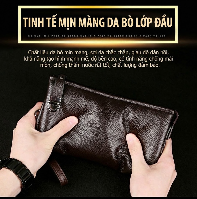 Ví Cầm Tay Nam Da Bò Dung Tích Lớn Phong Cách Doanh Nhân Màu Đen chi tiết 8
