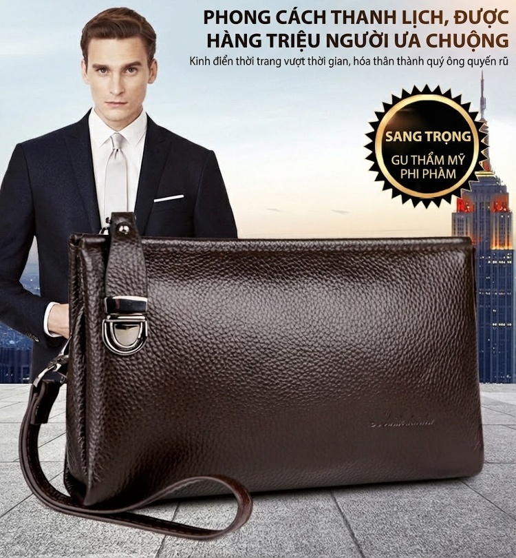 Ví Cầm Tay Nam Da Bò Dung Tích Lớn Phong Cách Doanh Nhân Màu Đen chi tiết 3