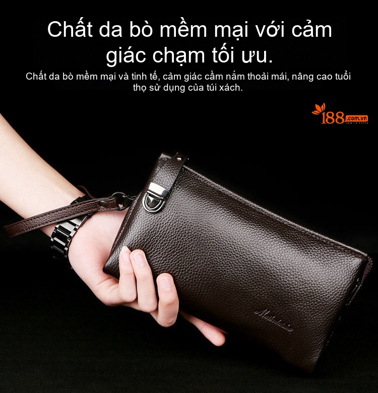 Ví Cầm Tay Nam Da Bò Dung Tích Lớn Phong Cách Doanh Nhân Màu Đen chi tiết 5