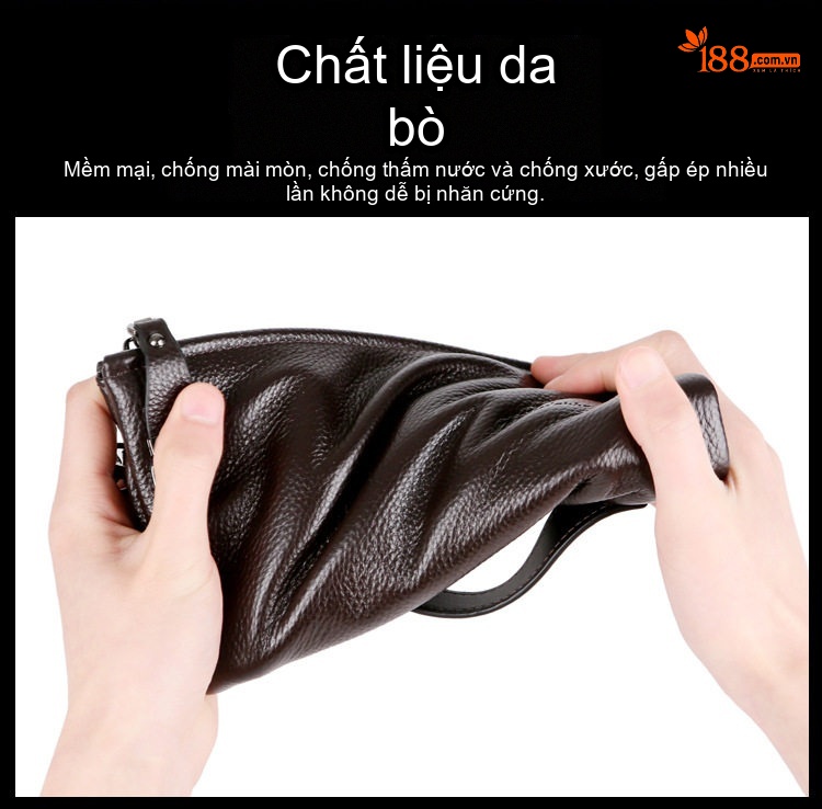 Ví Cầm Tay Nam Da Bò Dung Tích Lớn Phong Cách Doanh Nhân Màu Đen chi tiết 6